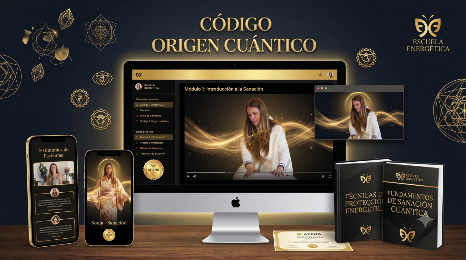 Código Origen Cuántico — vista del curso por dentro: módulos, lecciones en vídeo, diario y guías